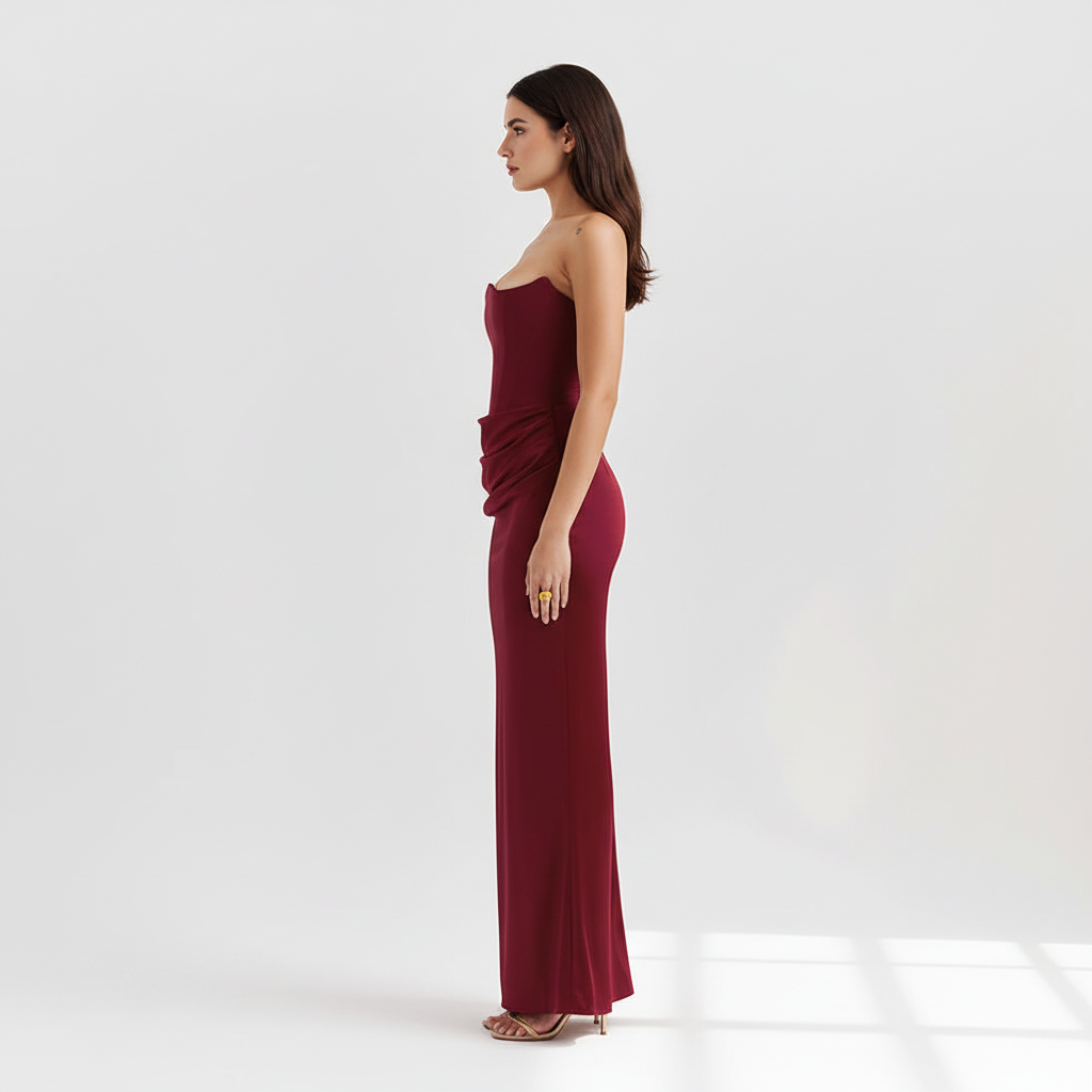 Side view - Pleated Tube Top Maxi Dress Burgundy