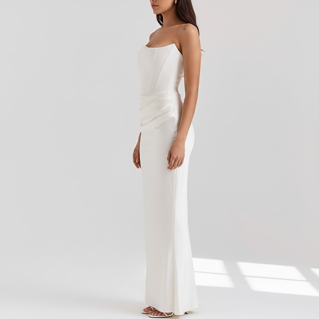Side view - Pleated Tube Top Maxi Dress White