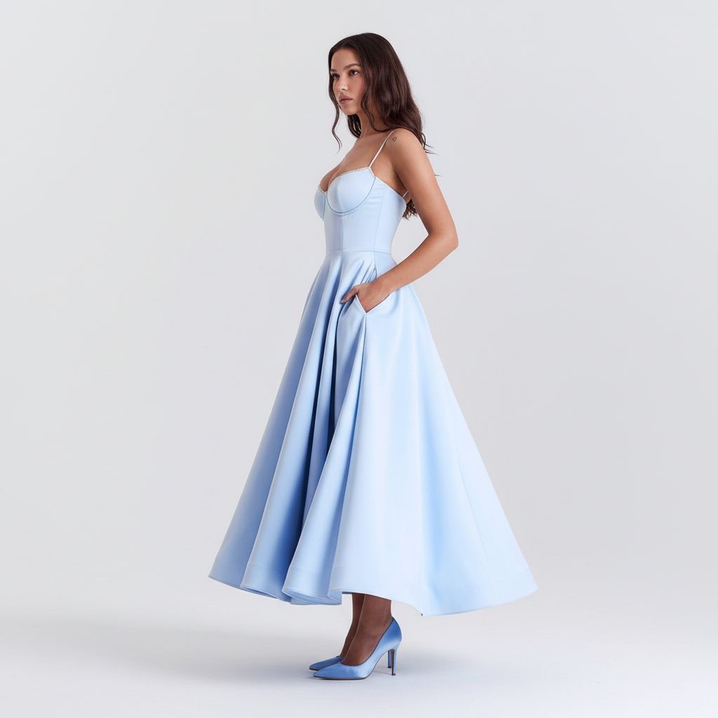 Side view - Sky Blue Satin Corset Dress