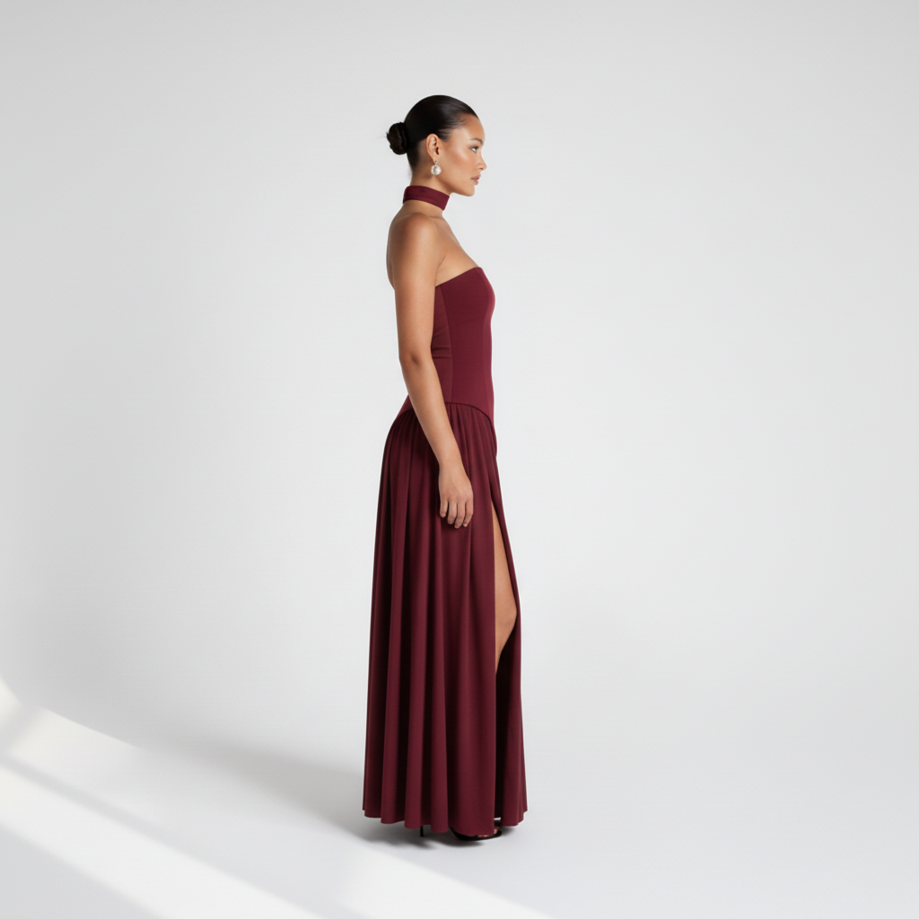 Side view - Strapless High Slit Maxi Dress Burgundy