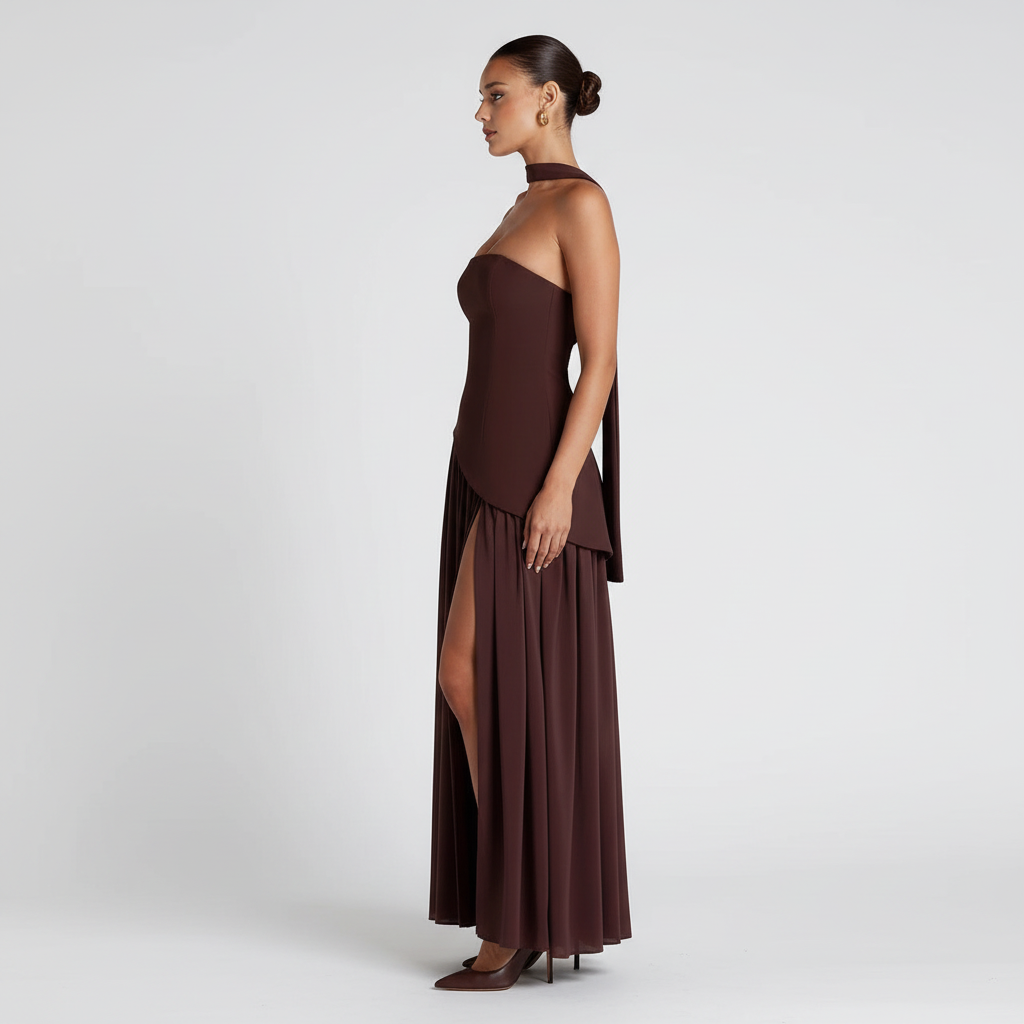 Side view - Strapless High Slit Maxi Dress Dark Brown