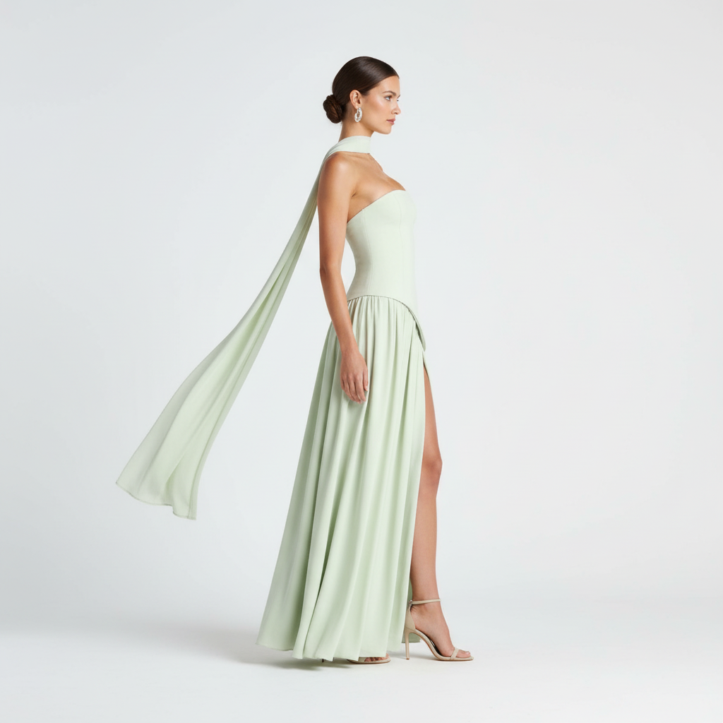 Side view - Strapless High Slit Maxi Dress Green