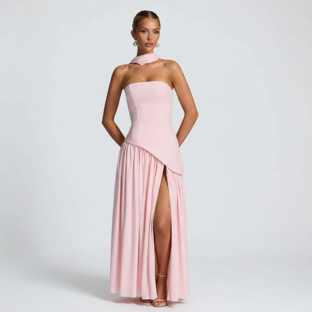 Side view - Strapless High Slit Maxi Dress Pink
