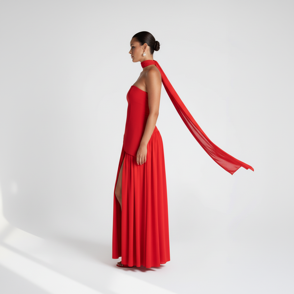 Side view - Strapless High Slit Maxi Dress Red