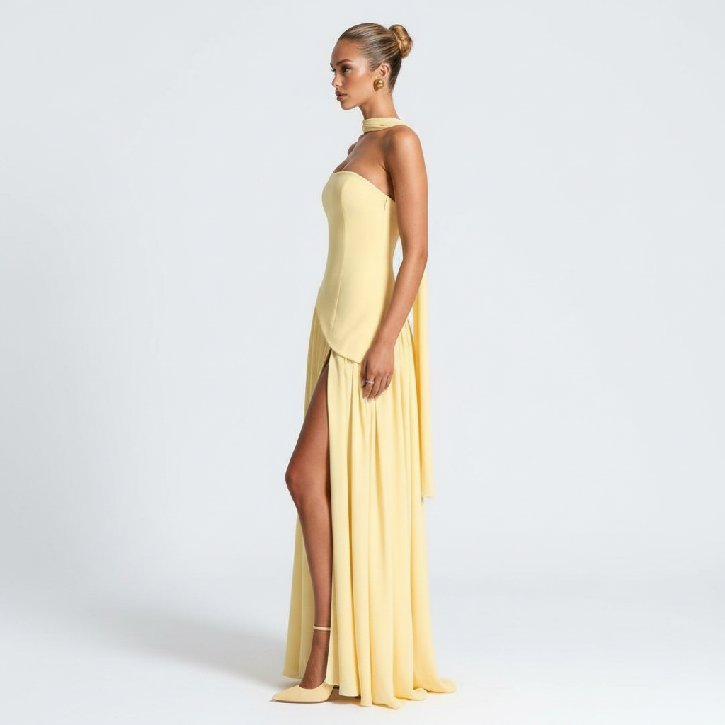 Side view - Strapless High Slit Maxi Dress Yellow
