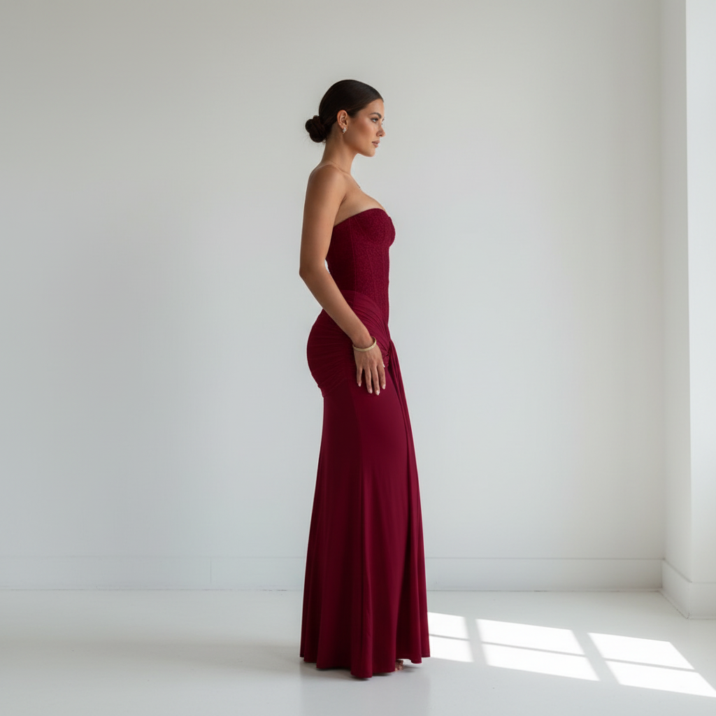 Side view - Strapless Slim-Fit Evening Dress Wine Red