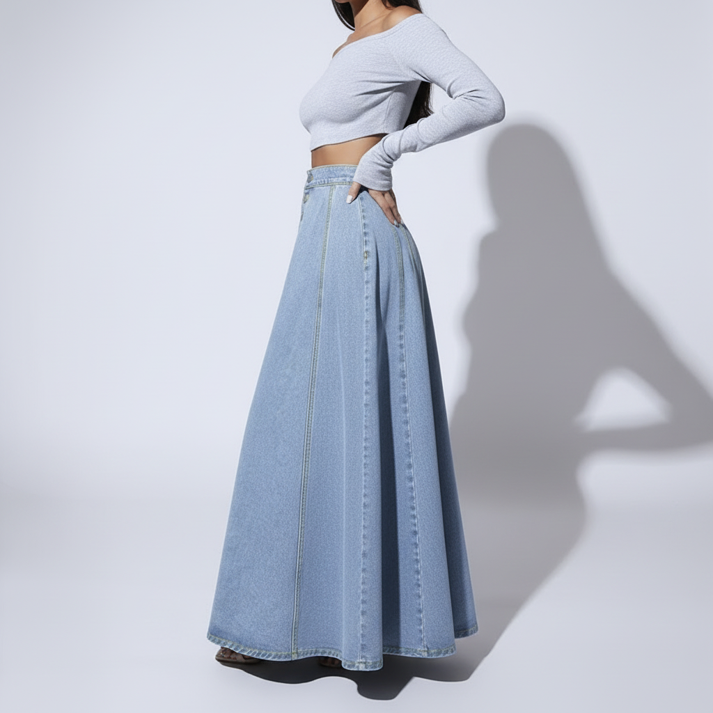 Side view with hand on hip - High-Waisted Denim Skirt