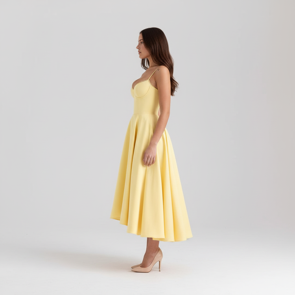 Side view - Yellow Satin Corset Dress