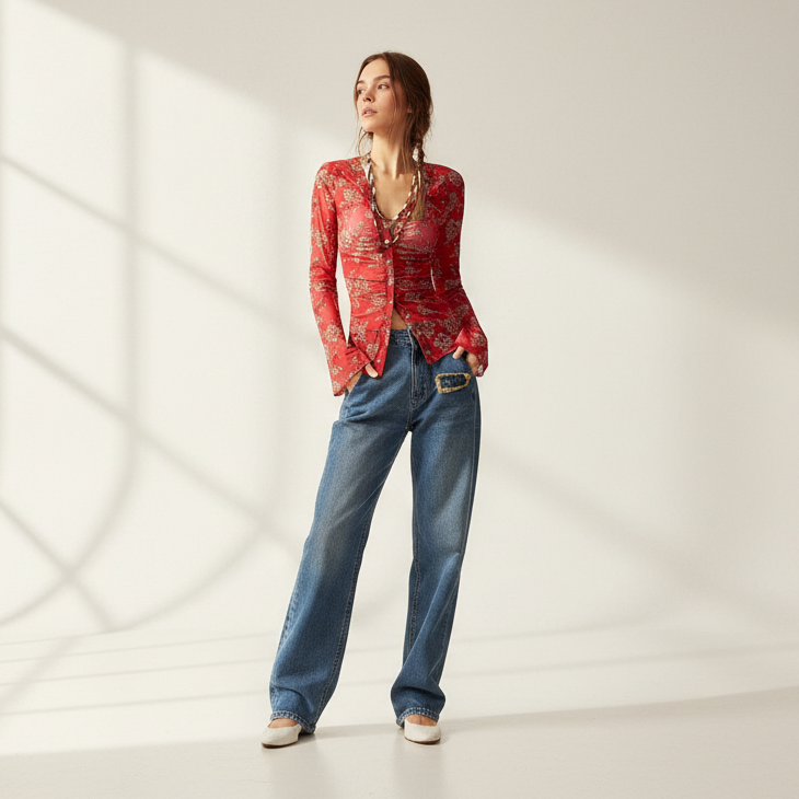 Slim Fit Floral V-Neck Shirt with Pleated Detailing in White Studio