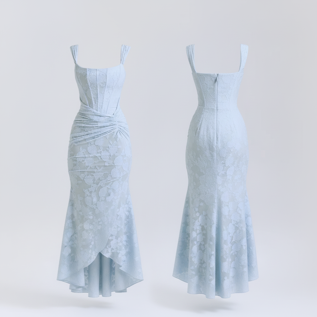 Square-neck corset strap long dress - Blue