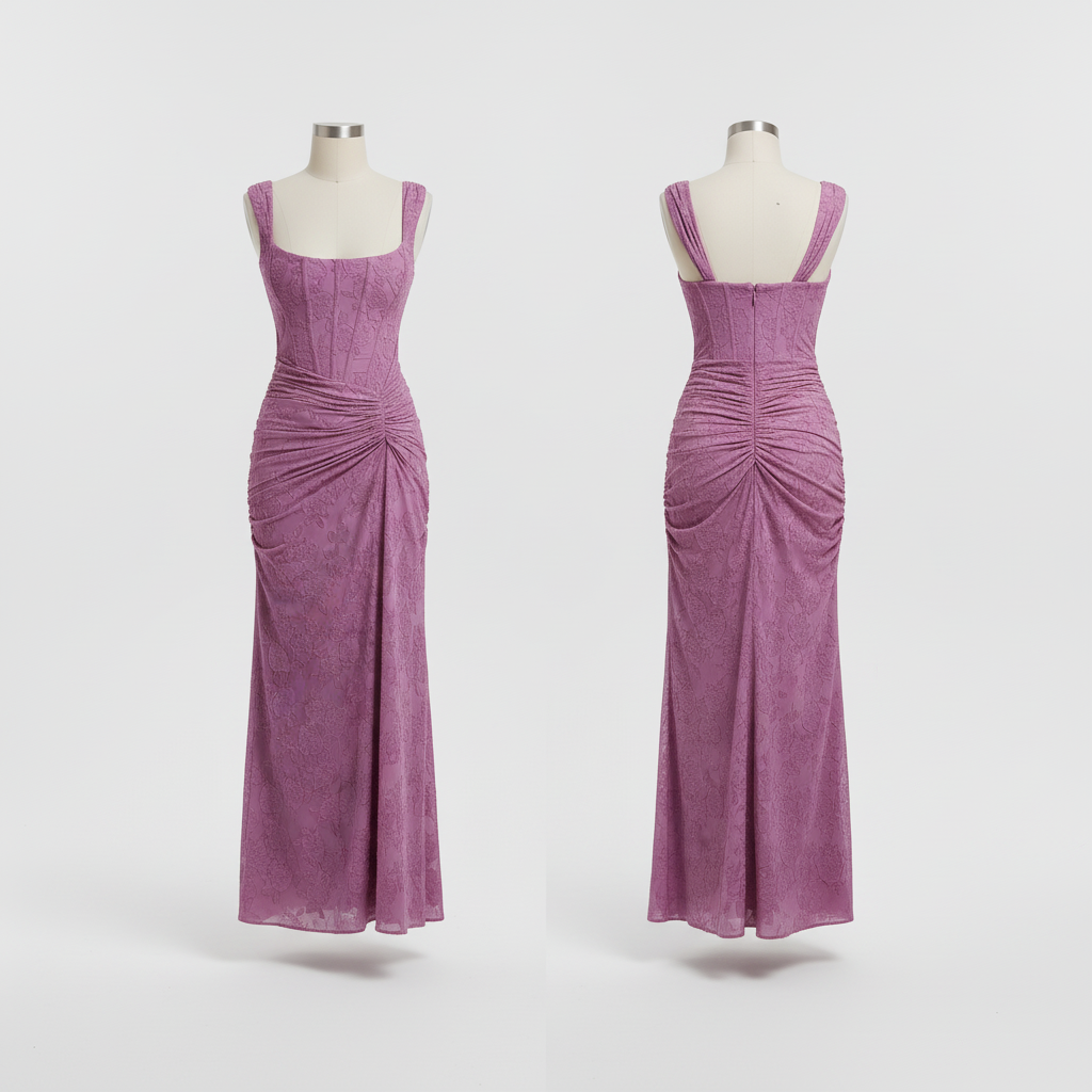 Square-neck corset strap long dress - Dark Pink