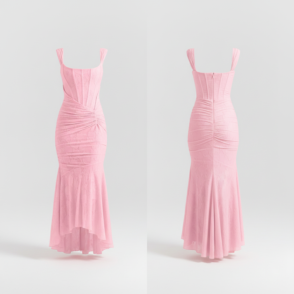 Square-neck corset strap long dress - Pink