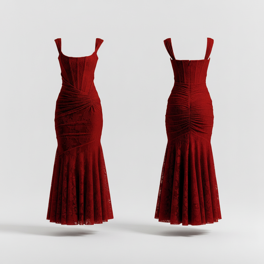 Square-neck corset strap long dress - Red