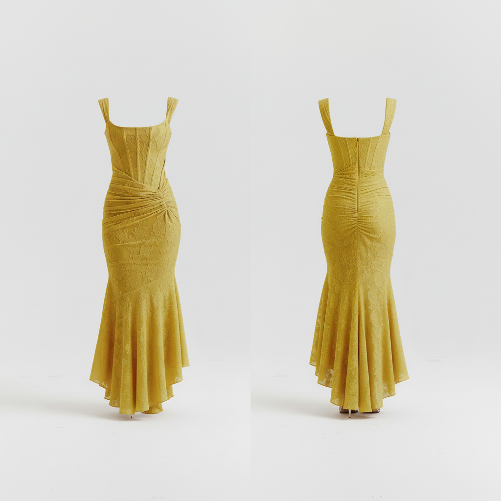 Square-neck corset strap long dress - Yellow