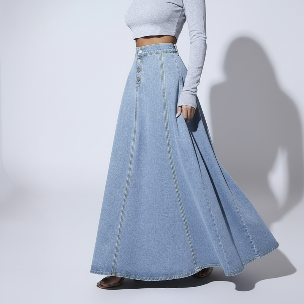 Three-quarter angle - High-Waisted Denim Skirt