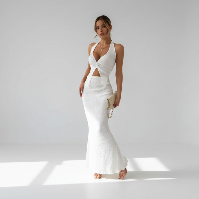 Twist Front Crop Top & Skirt Set in White Studio